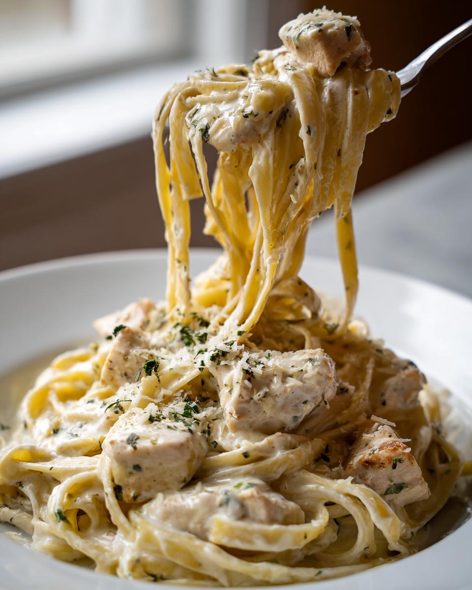 A fork lifting long strands of fettuccine coated in creamy sauce and chunks of chicken from a bowl of chicken alfredo.
