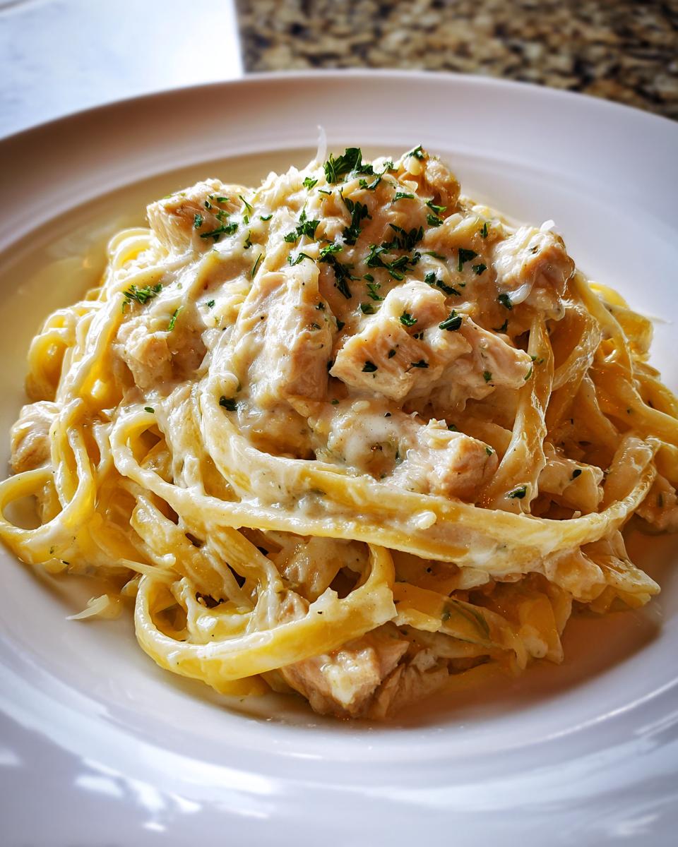 Close-up of creamy chicken alfredo pasta served on a white plate, topped with fresh parsley.