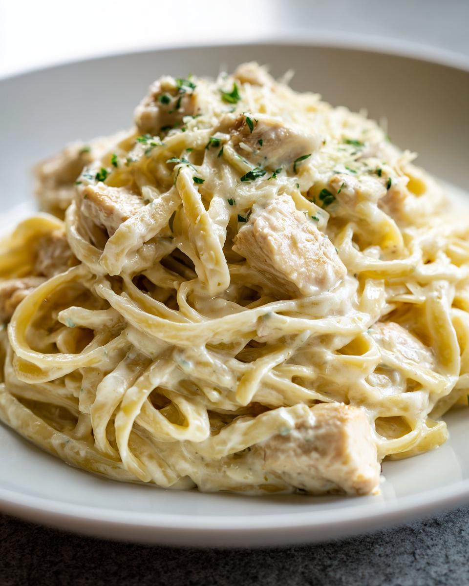 Close-up of creamy chicken alfredo pasta tossed with fettuccine, topped with Parmesan and parsley.