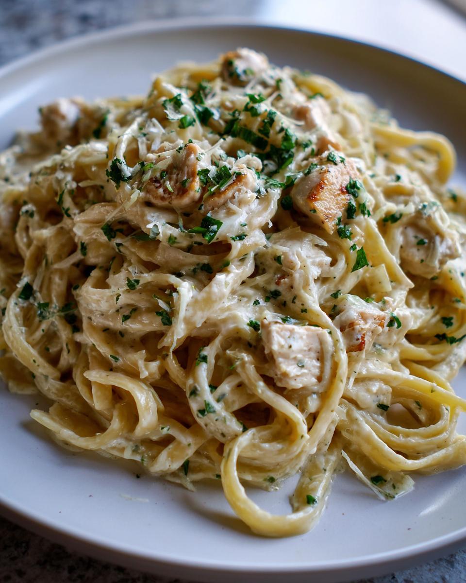 Close-up of a generous serving of creamy chicken alfredo pasta topped with fresh parsley and grated cheese.
