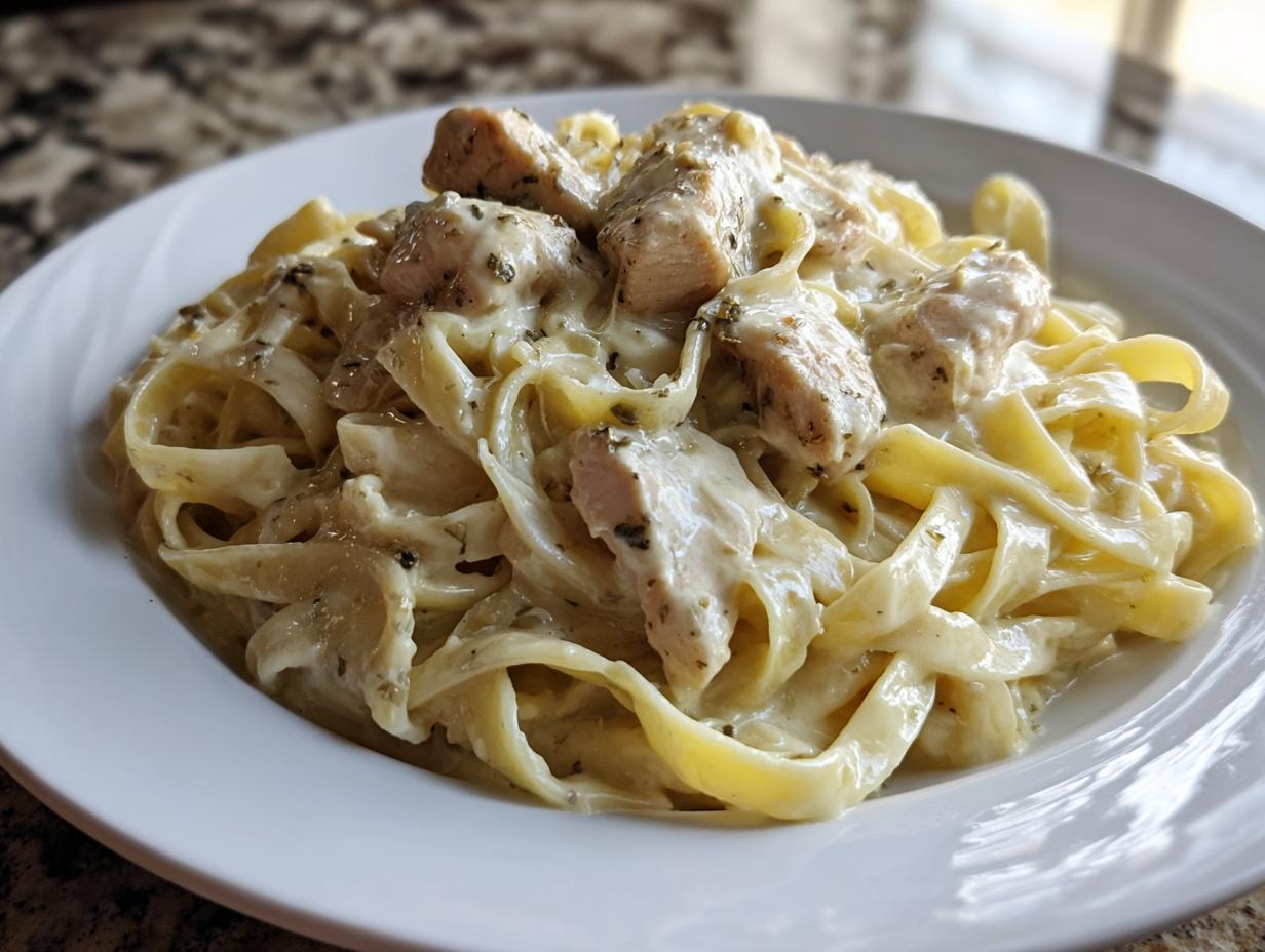 A close-up of creamy chicken alfredo featuring fettuccine pasta generously coated in white sauce and topped with seasoned chicken pieces.