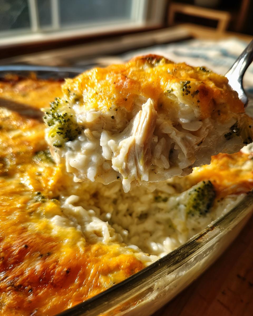 A spoonful of creamy chicken and broccoli rice casserole lifted from a baking dish, showing melted cheese topping.