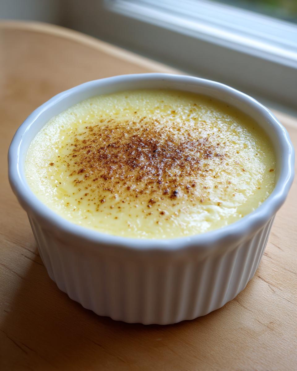 Close-up of a creamy, pale yellow egg custard dessert topped with sprinkled cinnamon in a white fluted ramekin.