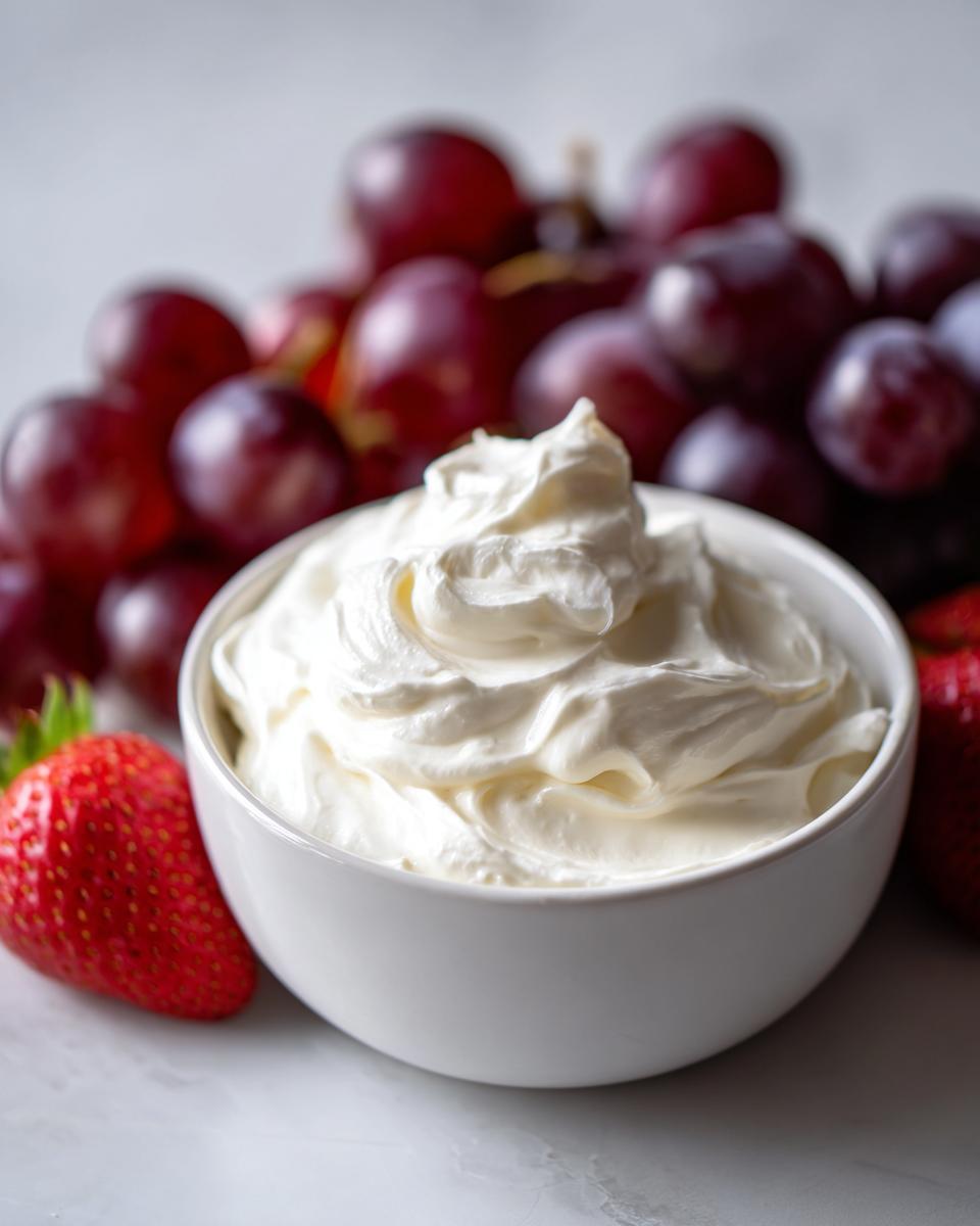 A white bowl filled with creamy fruit dip, surrounded by fresh red grapes and strawberries.