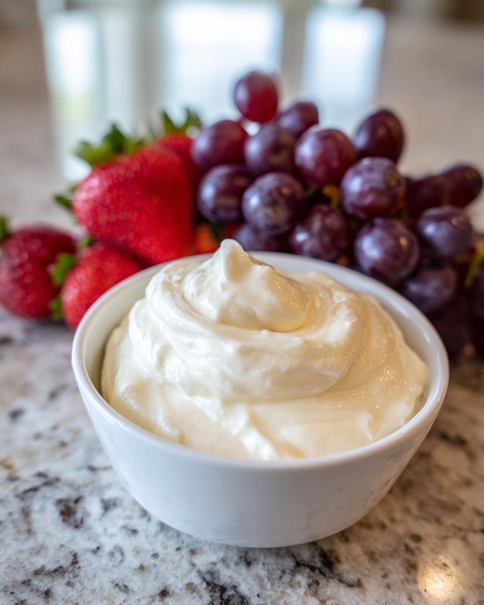 A white bowl filled with creamy fruit dip, set on a granite counter next to fresh red strawberries and purple grapes.