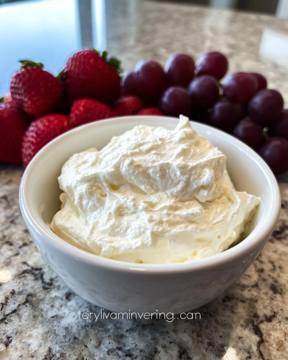 A white bowl filled with creamy fruit dip sits in front of fresh strawberries and red grapes.