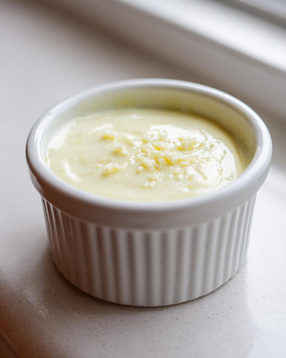 Close-up of creamy garlic sauce topped with minced garlic served in a small white fluted ramekin.