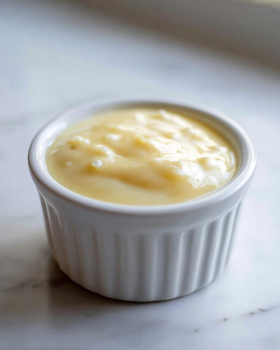 Close-up of thick, creamy garlic sauce served in a small white fluted ramekin.