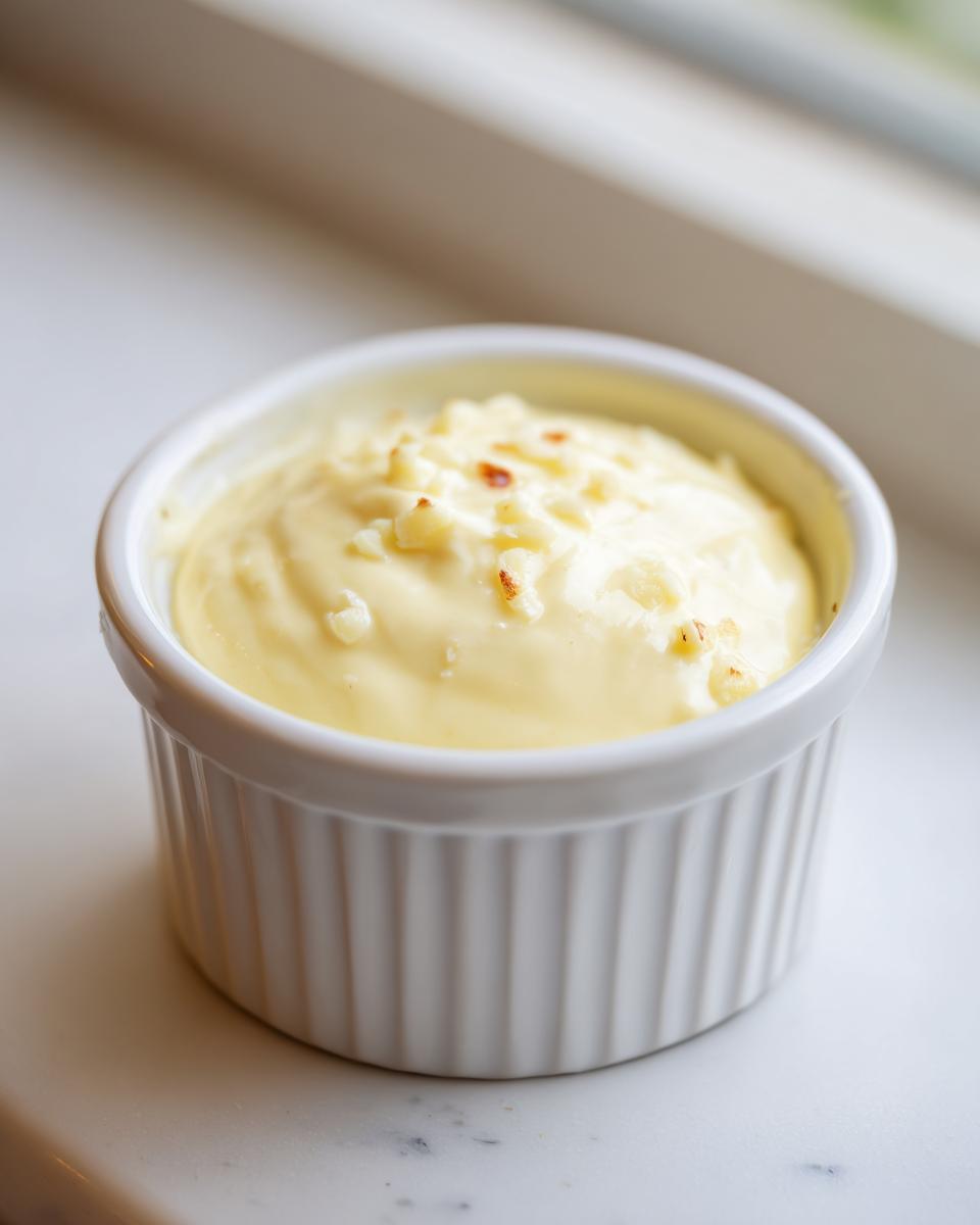 Close-up of creamy garlic sauce topped with minced garlic pieces in a white ribbed ramekin.