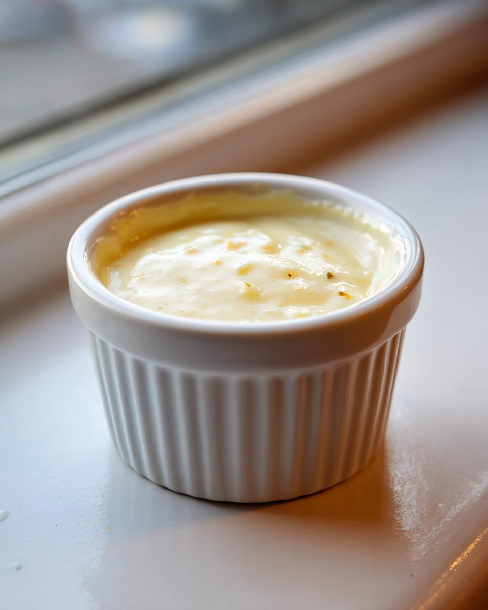 A close-up of creamy garlic sauce served in a small, white, ribbed ramekin.