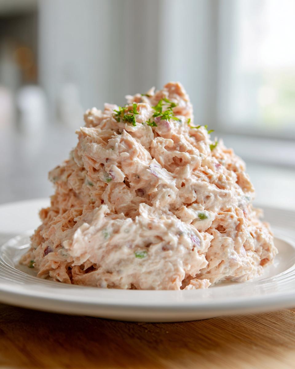 A generous mound of creamy ham salad recipe, garnished with fresh parsley, served on a white plate.