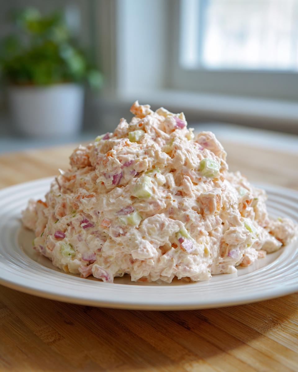 A generous mound of creamy ham salad recipe mixed with diced red onion and celery, served on a white plate.