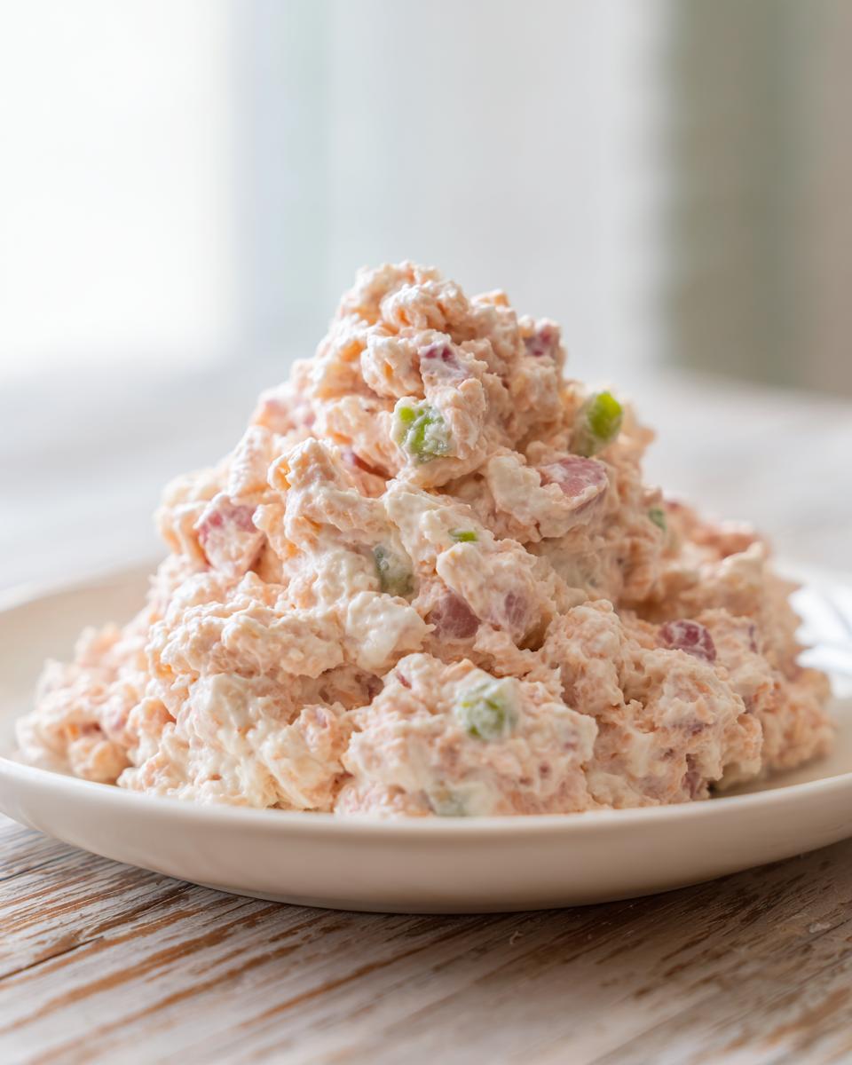 A generous mound of creamy ham salad recipe mixed with visible chunks of ham and green relish on a white plate.