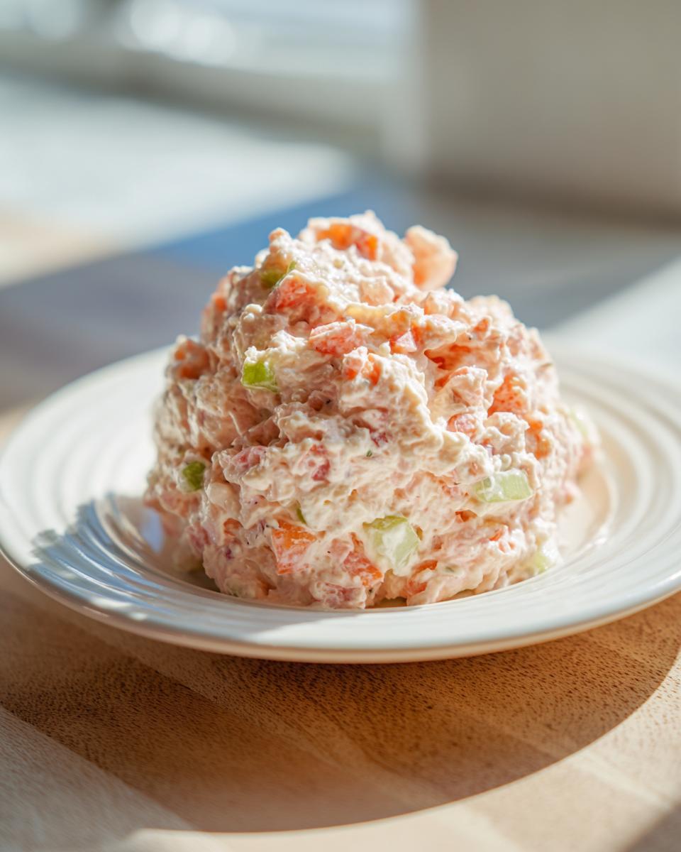 A mound of creamy ham salad recipe mixture with visible chunks of ham, celery, and dressing on a white plate.