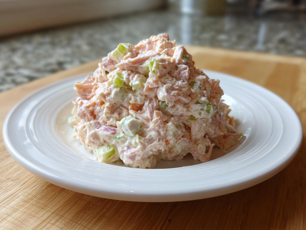 A mound of creamy ham salad recipe, featuring shredded ham, celery, and red onion, served on a small white plate.