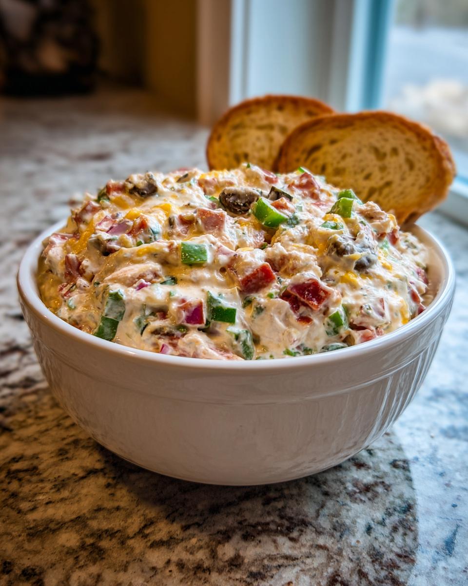A white bowl filled with creamy hoagie dip mixed with colorful vegetables and cheese, served with toasted bread slices.