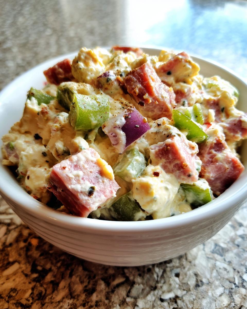 Close-up of chunky hoagie dip featuring cubes of meat, green peppers, and red onion mixed in a creamy dressing.
