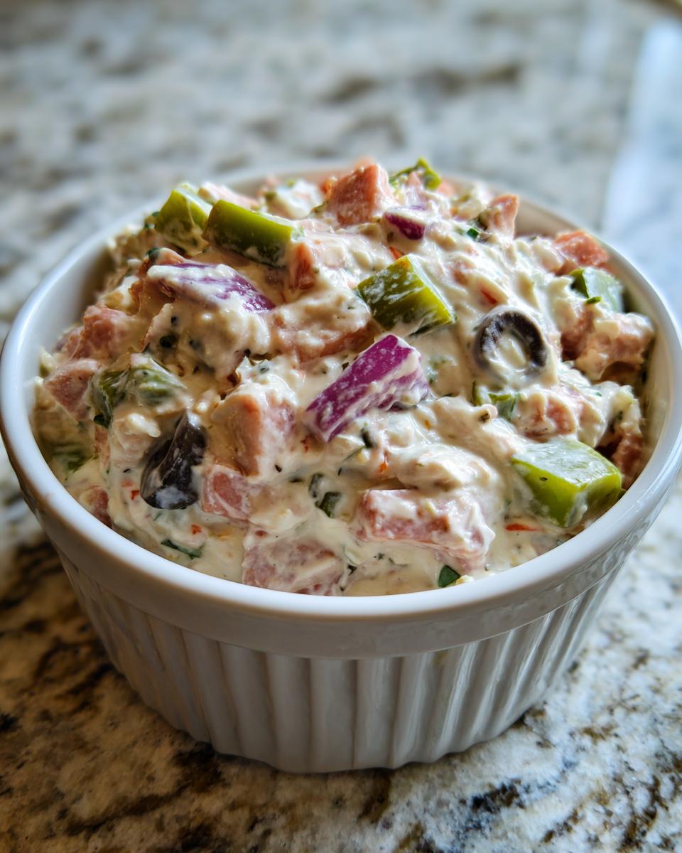 Close-up of creamy hoagie dip packed with chopped meat, green peppers, red onion, and olives in a white bowl.
