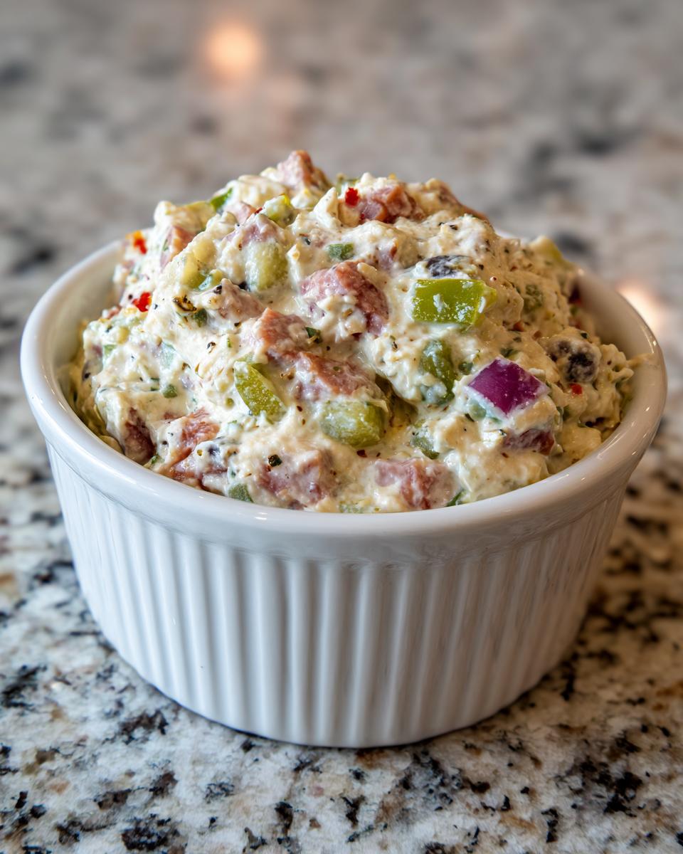 Close-up of creamy hoagie dip loaded with meat, peppers, and onions in a white ruffled bowl.
