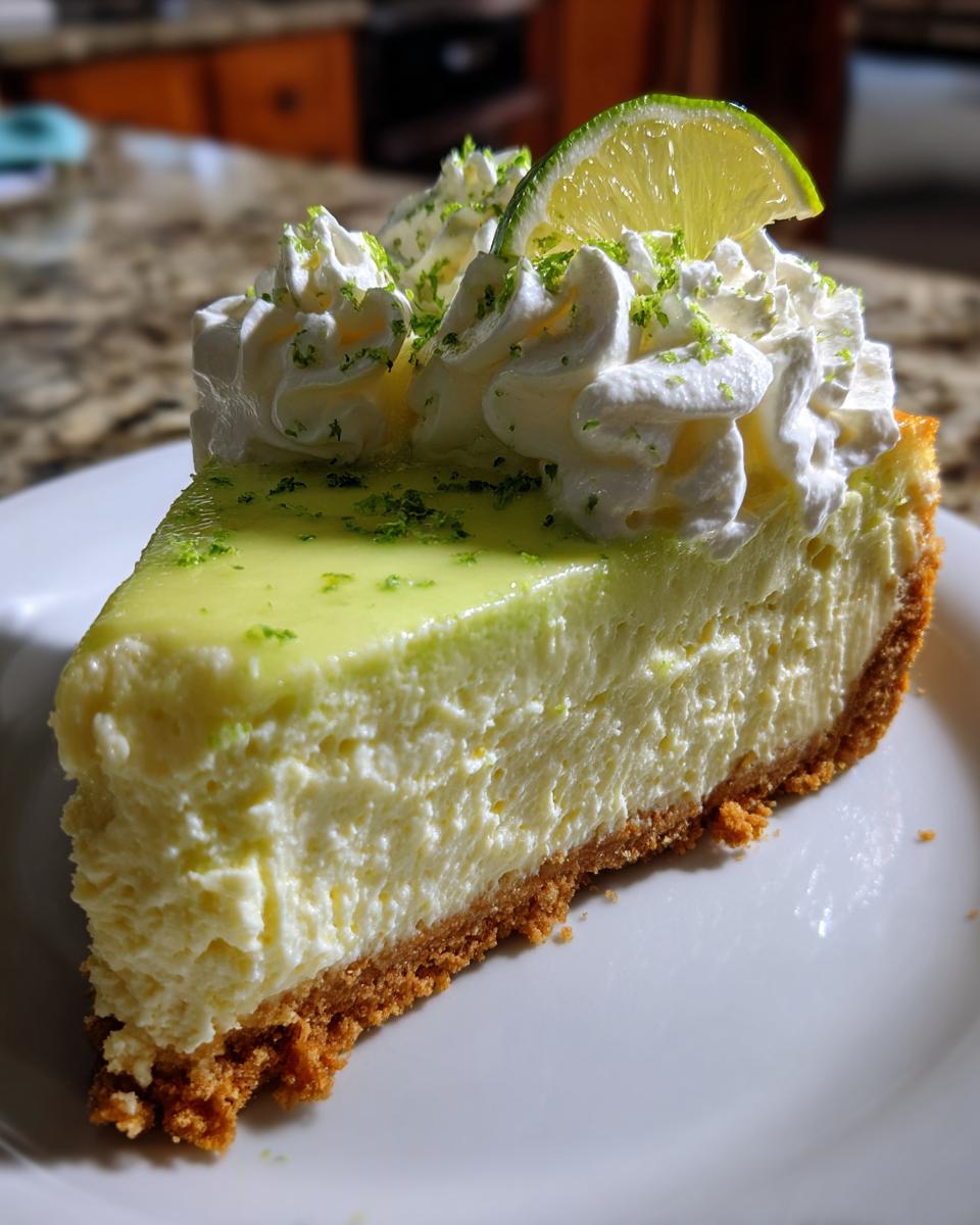 A tall, creamy slice of key lime cheesecake on a white plate, topped with whipped cream and a lime slice.