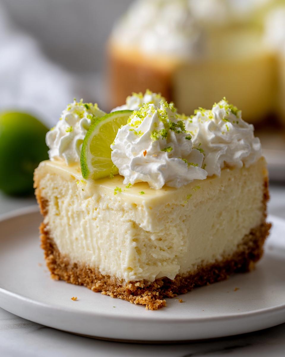 A close-up of a rich slice of key lime cheesecake on a white plate, topped with whipped cream, lime zest, and a lime slice.
