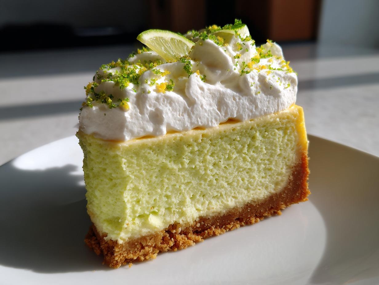A close-up shot of a single slice of creamy key lime cheesecake on a white plate, topped with whipped cream and lime zest.