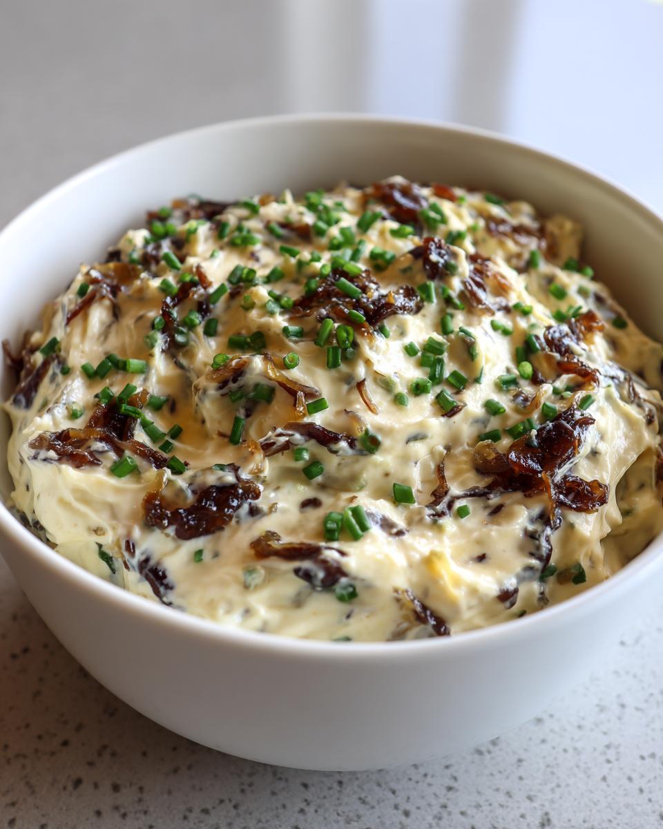 Close-up of a creamy homemade onion dip in a white bowl, topped generously with caramelized onions and fresh chives.
