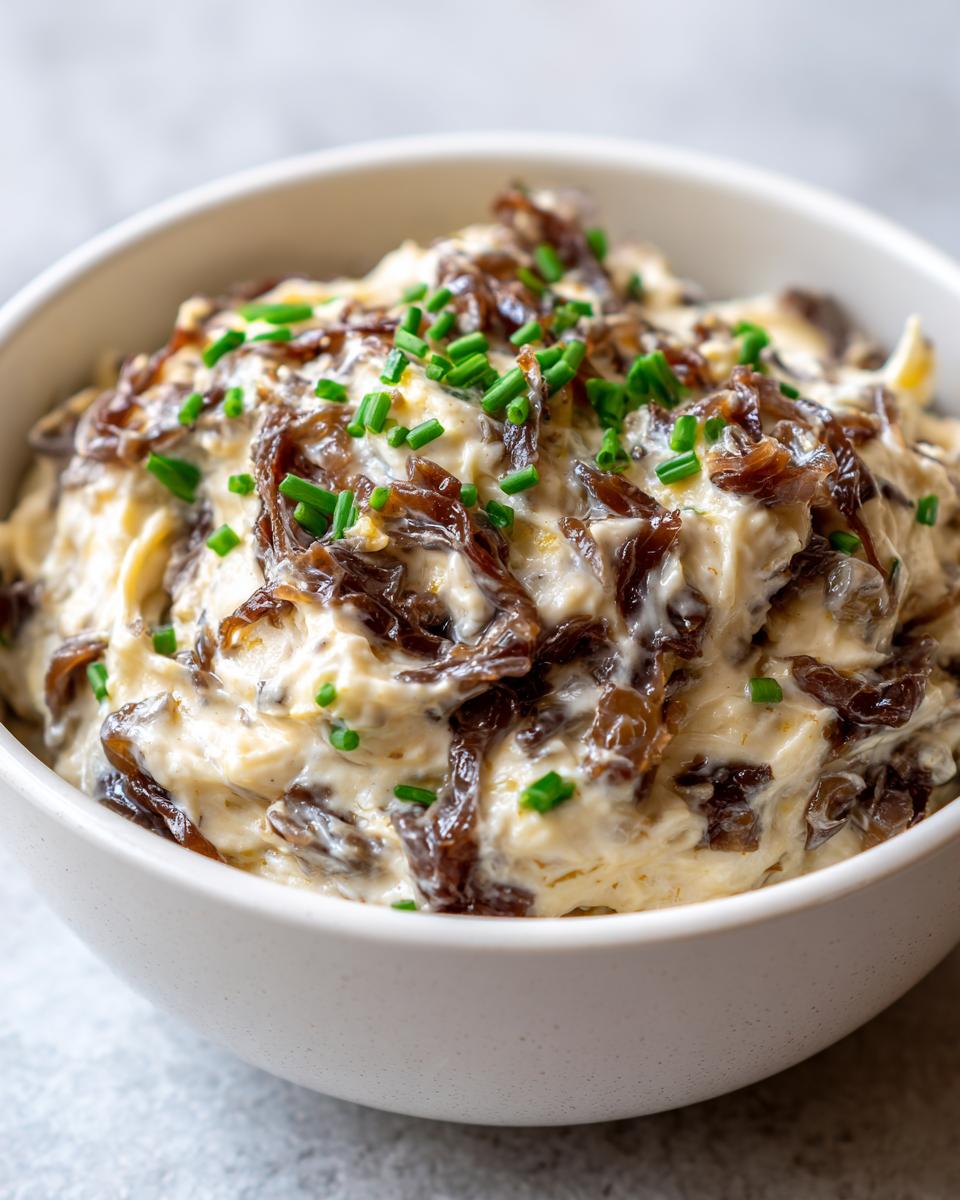 Close-up of a creamy onion dip generously topped with dark caramelized onions and fresh chives.