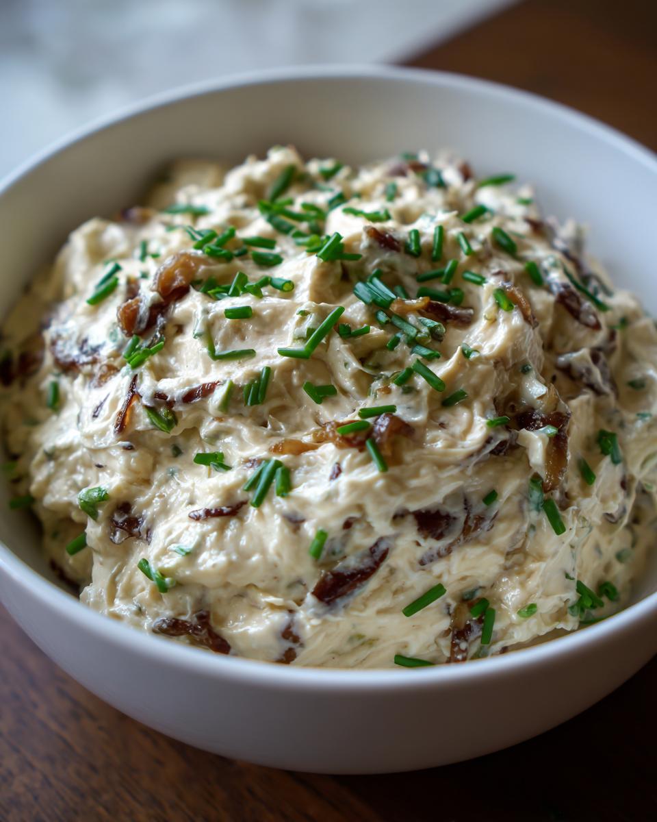 Close-up of a creamy homemade onion dip topped with caramelized onions and fresh chives in a white bowl.