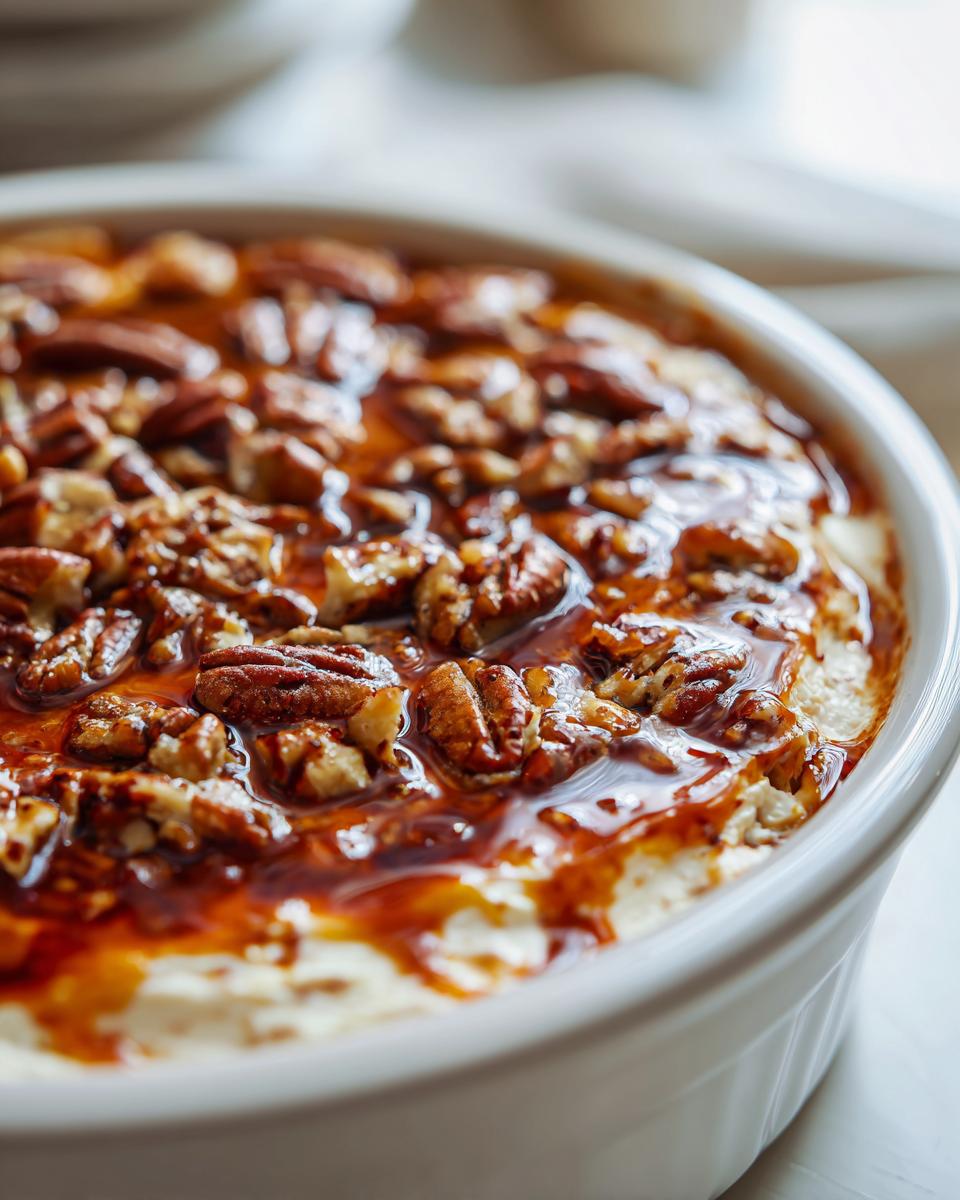 Close-up of a creamy pecan pie dip in a white dish, generously topped with glazed pecans and caramel sauce.