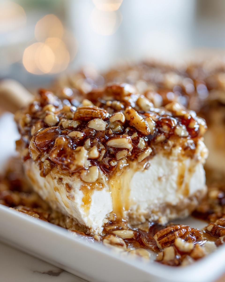 A close-up of a square serving of creamy pecan pie dip, topped generously with sticky, glazed pecans.