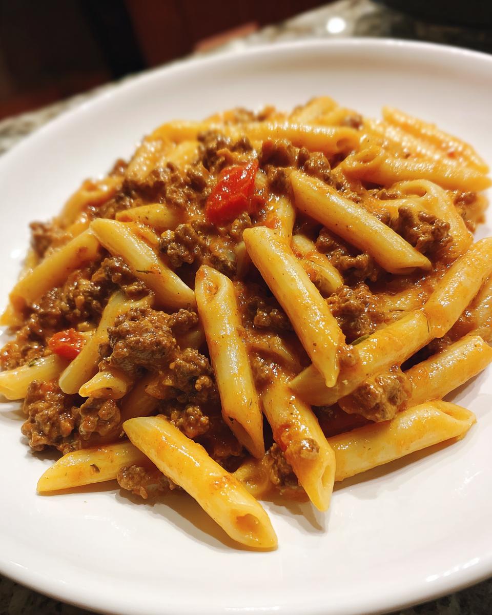 A close-up of a white plate filled with creamy, saucy penne pasta mixed with ground beef, part of an amazing beef pasta recipe.