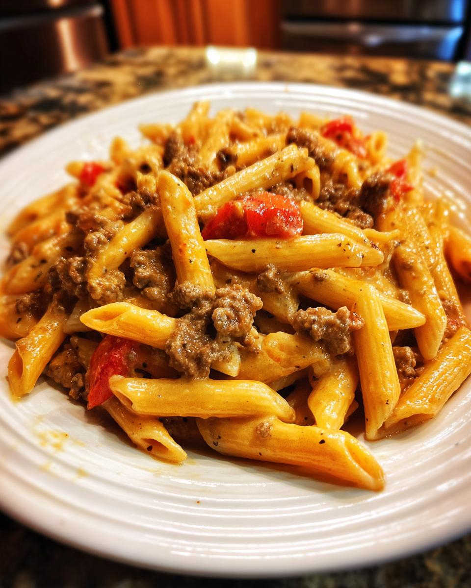 Close-up of creamy penne pasta mixed with seasoned ground beef and chunks of tomato, a perfect beef pasta dish.