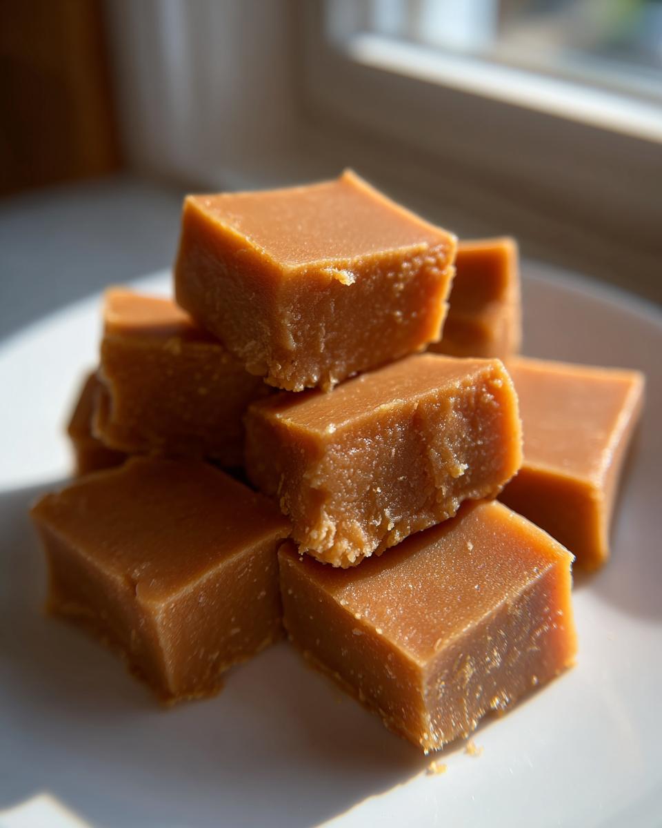 A stack of perfectly cut, creamy brown penuche fudge squares sitting on a white plate near a window.
