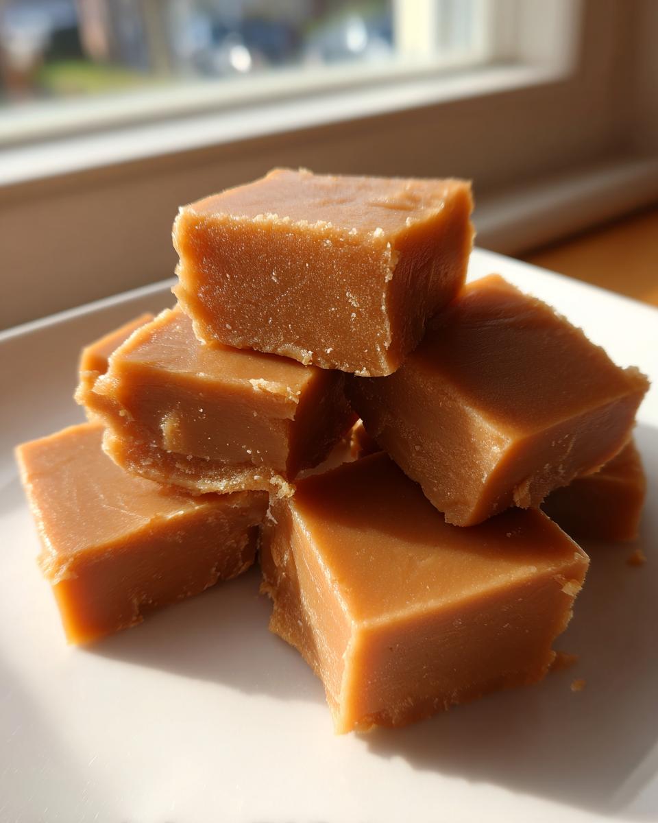 A stack of rich, brown, creamy penuche fudge squares sitting on a white plate near a window.
