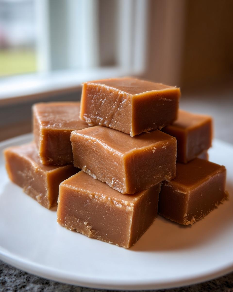 A stack of perfectly cut, creamy brown penuche fudge squares resting on a white plate.