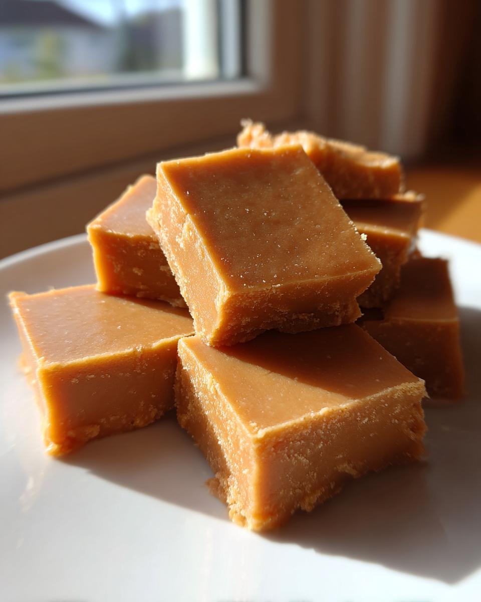 A stack of rich, brown squares of creamy penuche fudge resting on a white plate near a window.
