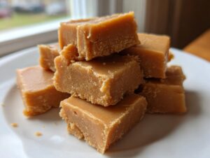 A close-up stack of creamy, light brown penuche fudge squares resting on a white plate near a window.