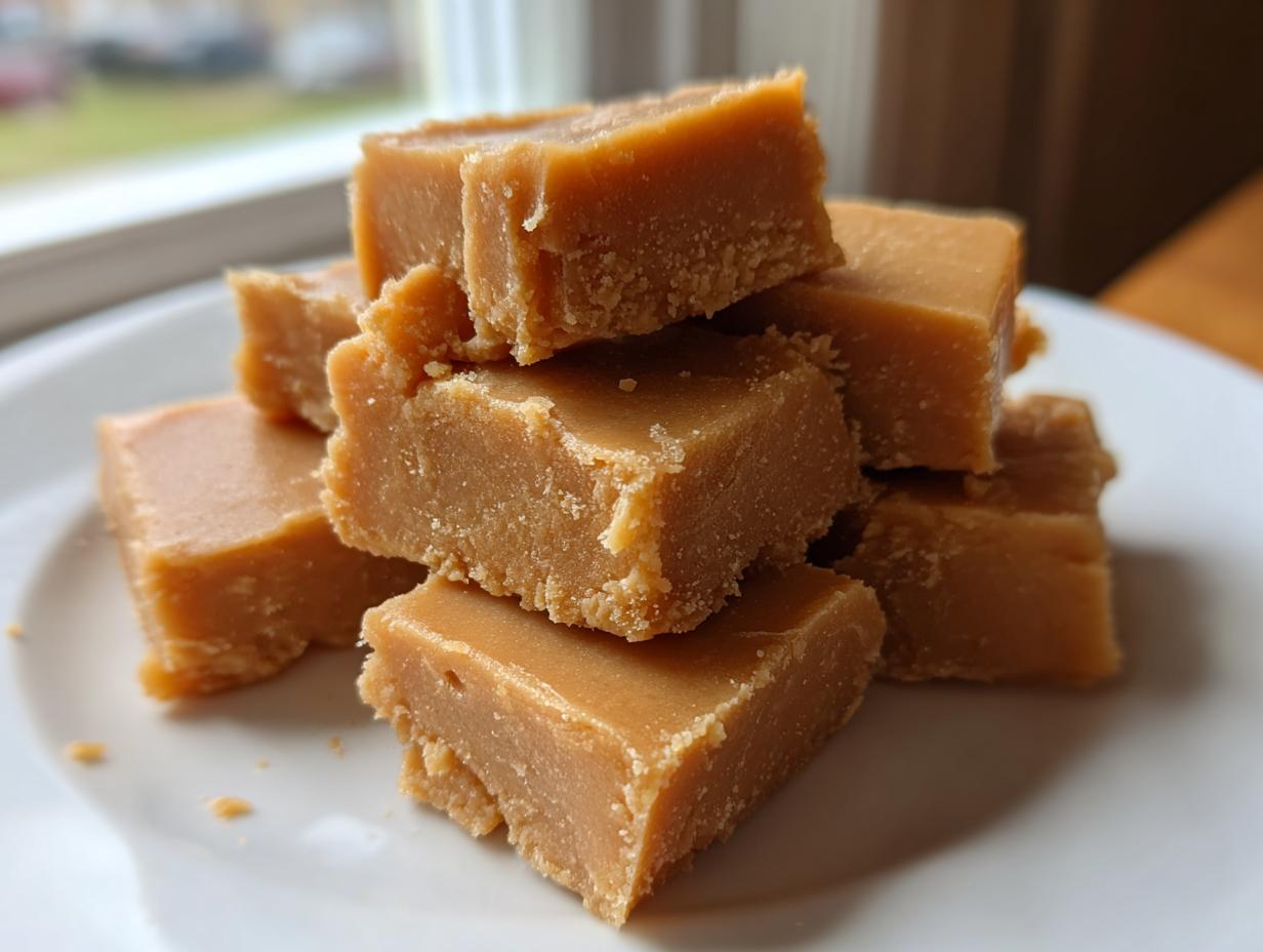 A close-up stack of creamy, light brown penuche fudge squares resting on a white plate near a window.