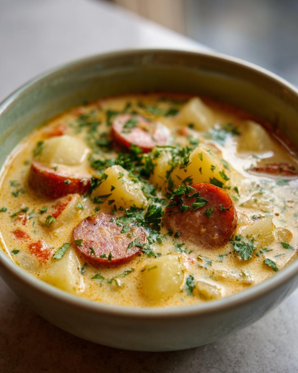 Close-up of a bowl of creamy potato and sausage chowder, topped with fresh parsley.