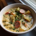 A close-up of a creamy potato and sausage chowder, garnished generously with fresh parsley.