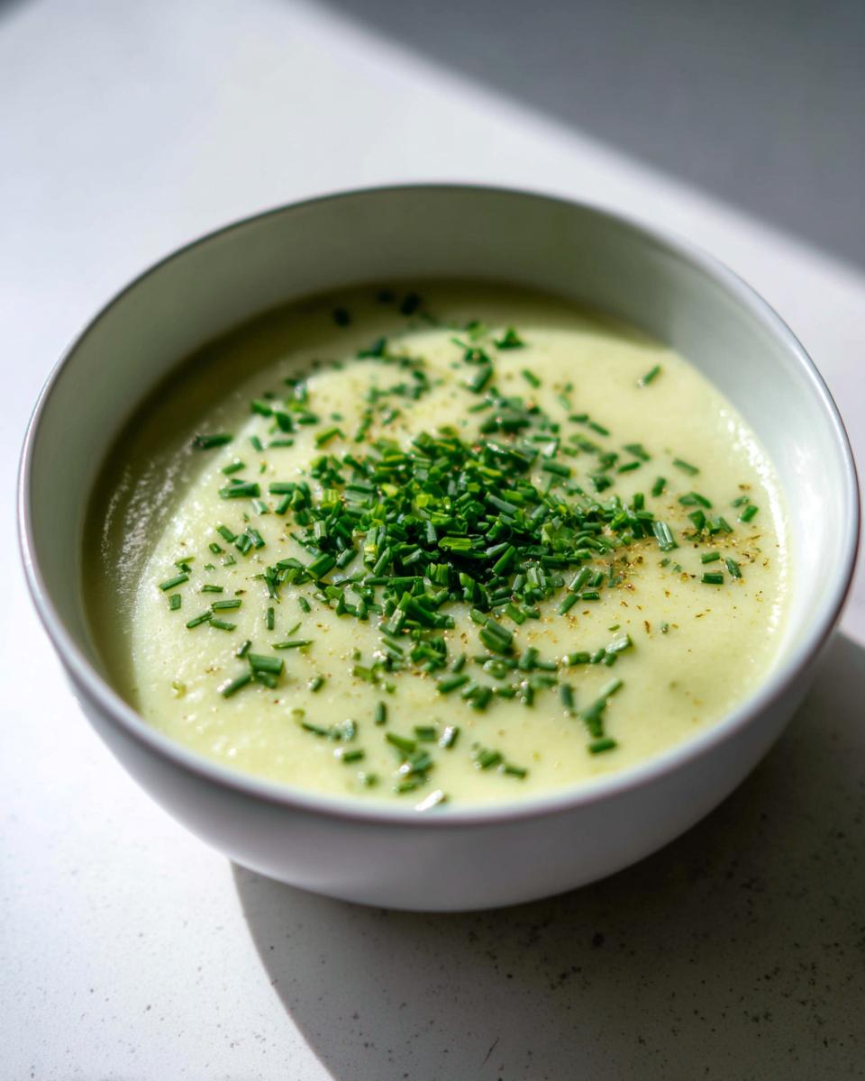 A close-up of creamy potato leek soup in a white bowl, generously garnished with fresh chopped chives.