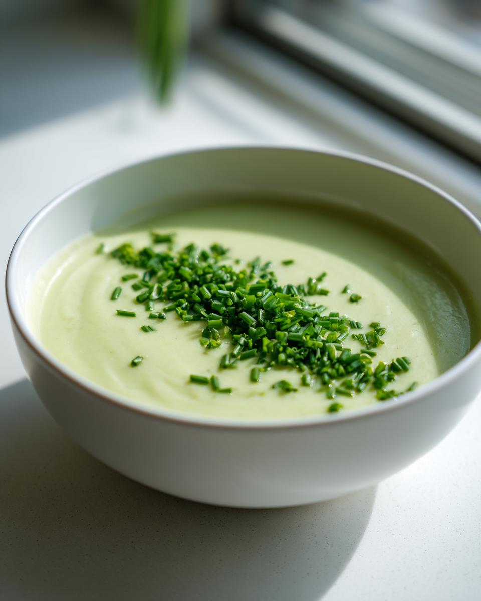 Close-up of a bowl of creamy potato leek soup garnished generously with chopped fresh chives.
