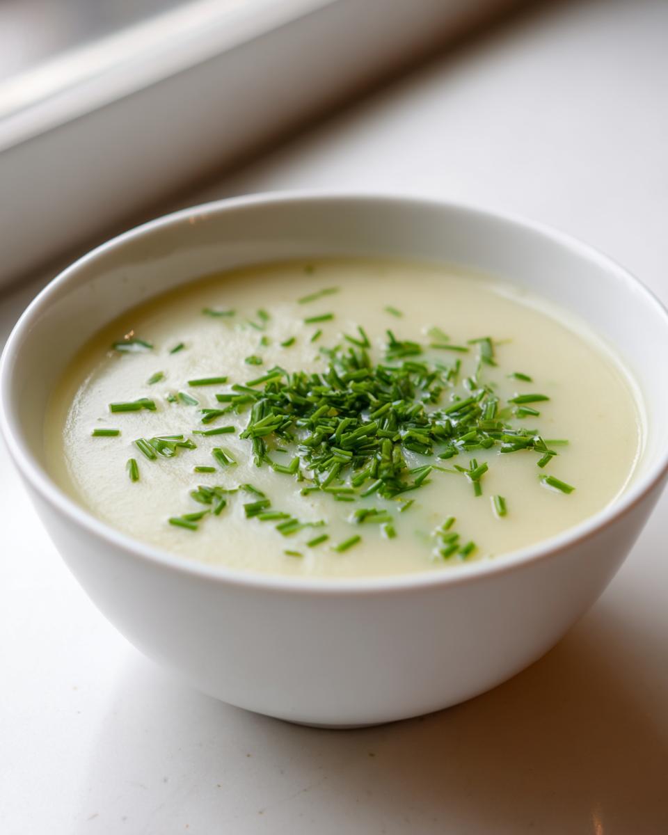 A close-up of a bowl of creamy potato leek soup garnished generously with bright green chopped chives.