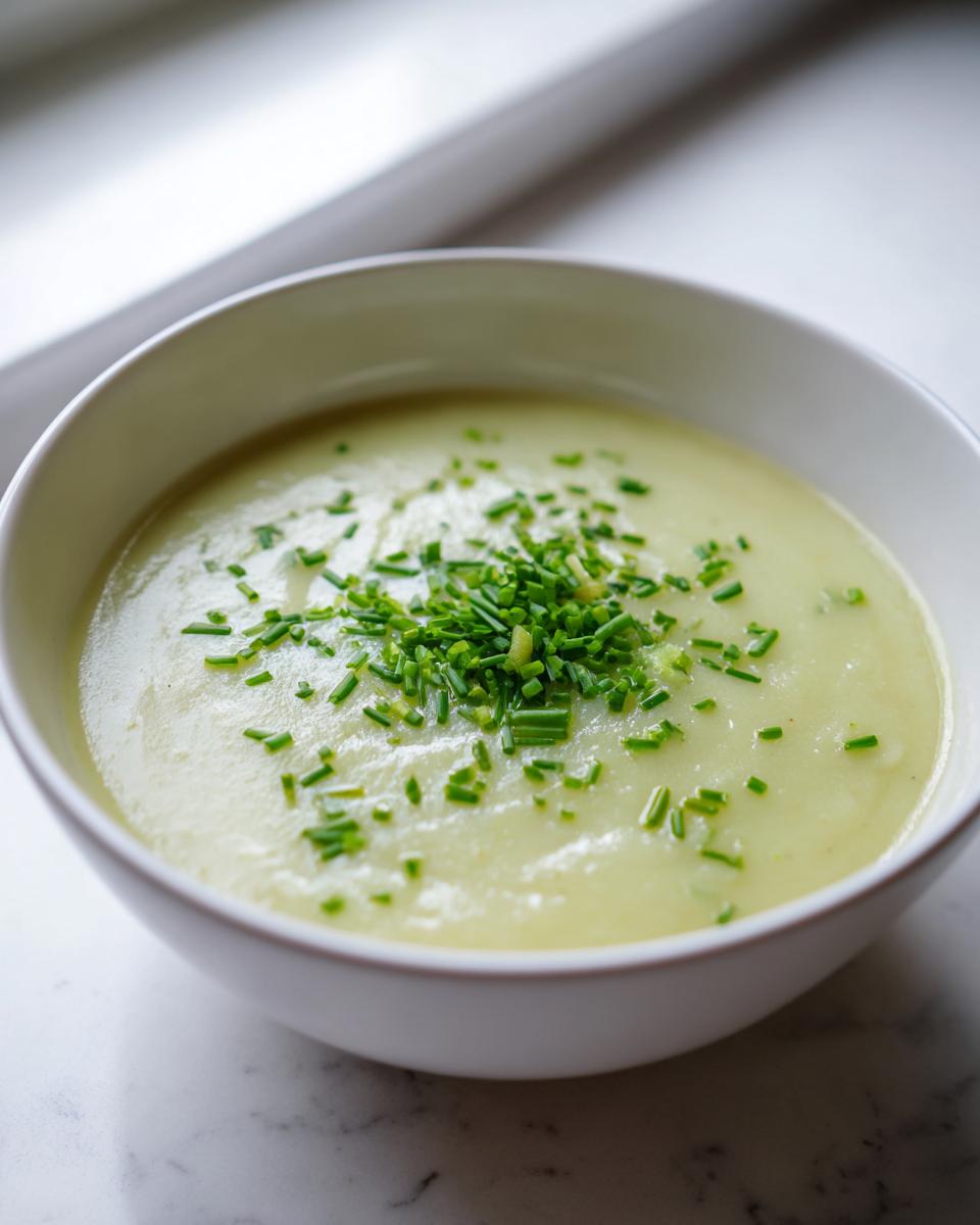 A close-up of a bowl of creamy potato leek soup garnished generously with finely chopped green chives.