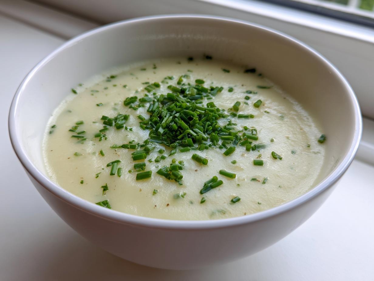 A close-up of a bowl of creamy potato leek soup garnished generously with freshly chopped green chives.