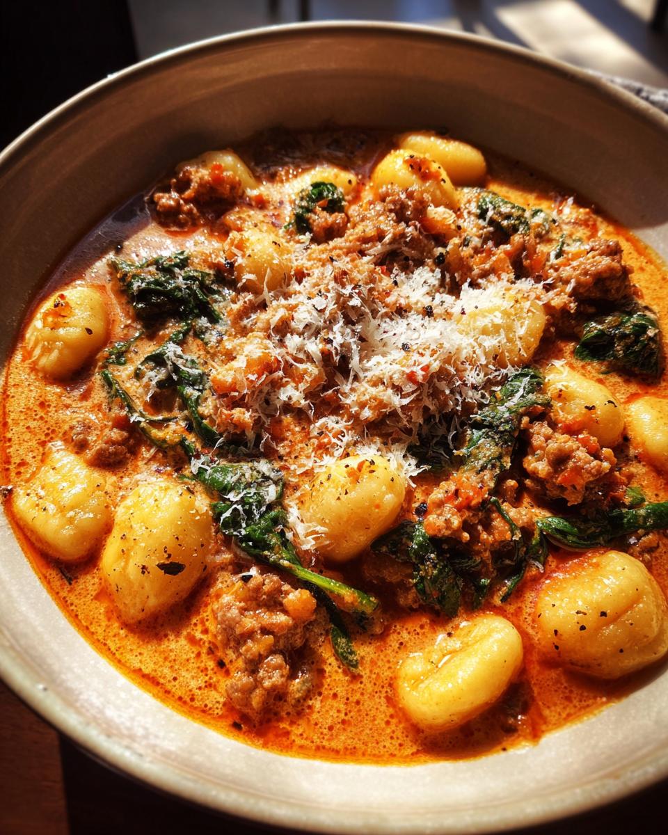 Close-up of a bowl of creamy sausage gnocchi soup, topped with grated Parmesan cheese and spinach.