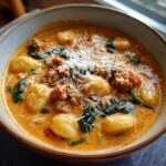 Close-up of a bowl of creamy sausage gnocchi soup topped with grated Parmesan cheese and wilted spinach.