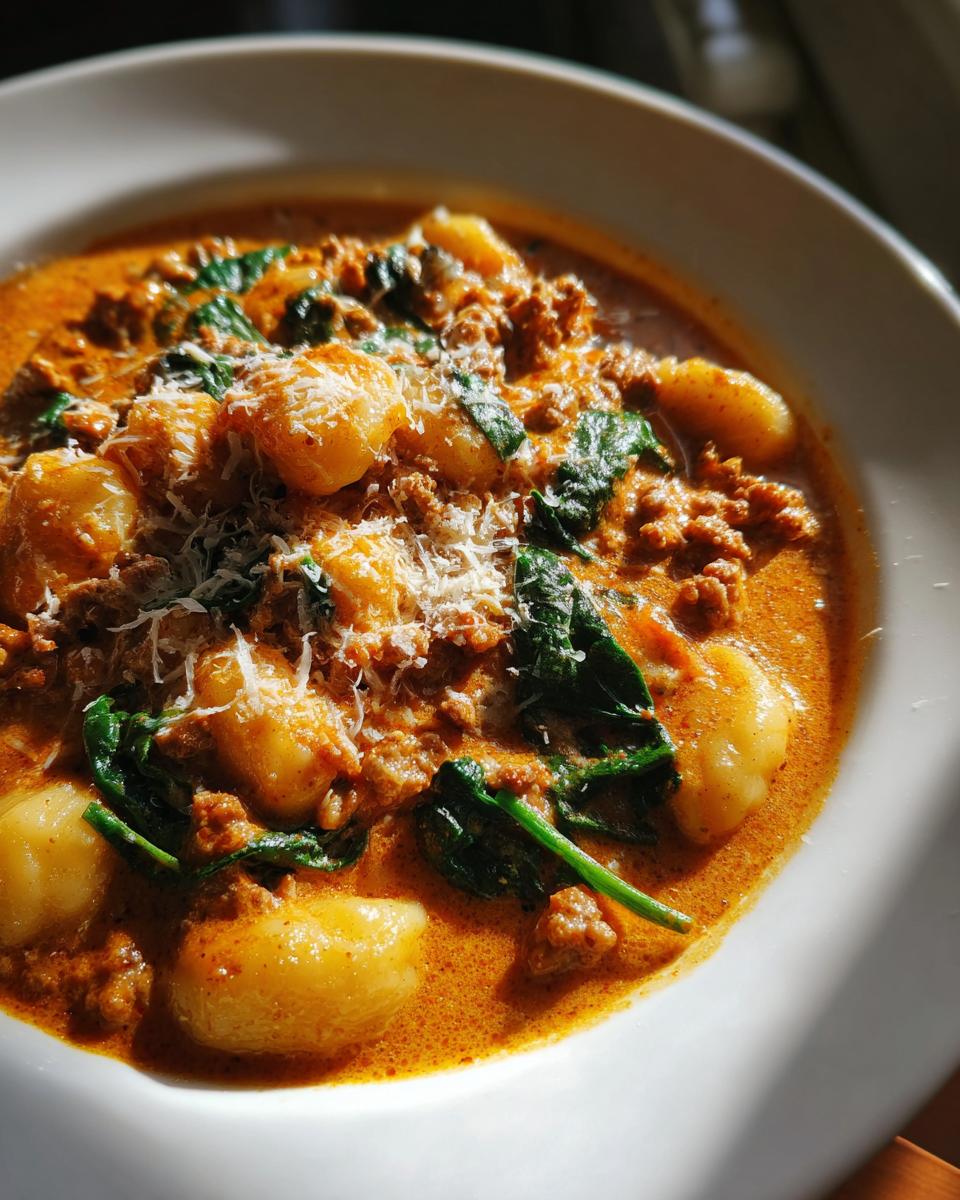Close-up of a rich, creamy sausage gnocchi soup with wilted spinach and grated Parmesan cheese.