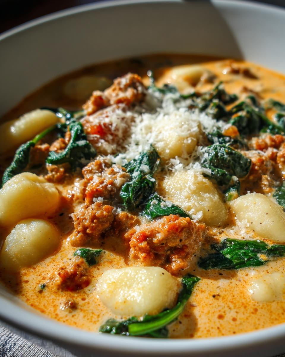 Close-up of creamy sausage gnocchi soup with wilted spinach and grated parmesan cheese topping.